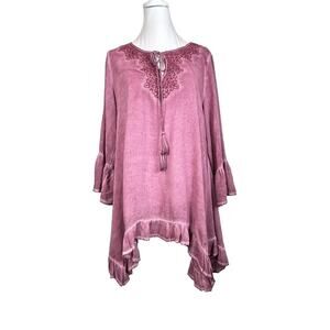 Andree Top Womens Size S Mauve Pink Ruffled Peasant Embroidered Boho Loose Flowy